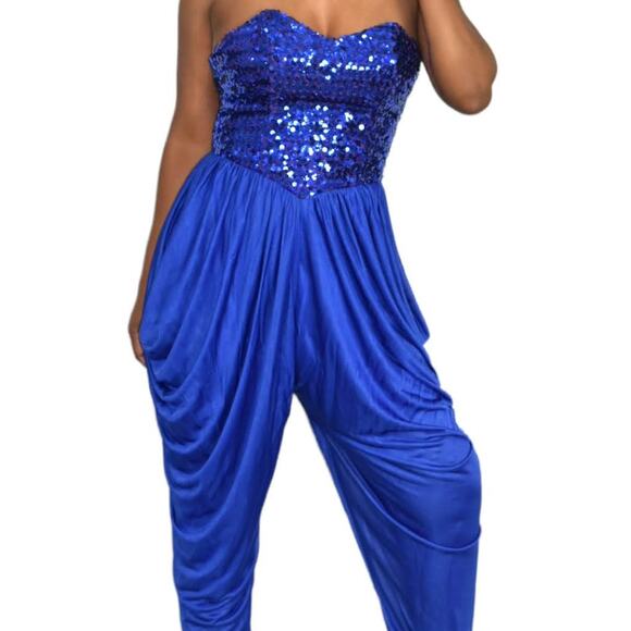 Sequin Draped Jumpsuit Vintage Blue Harem Strapless Sweetheart Pant Size Small - Picture 8 of 16